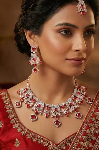 Red rose gold premium designer american diamond and stone work necklace set