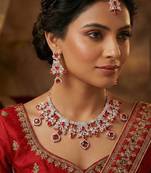 Red rose gold premium designer american diamond and stone work necklace set