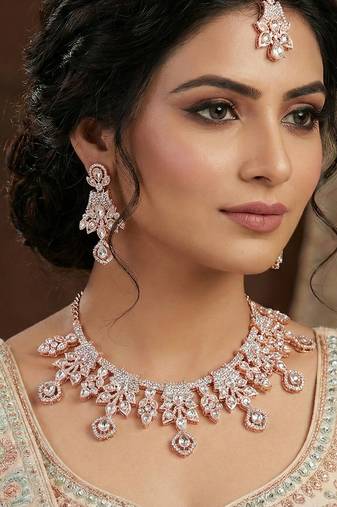 White rose gold premium designer american diamond and stone work necklace set
