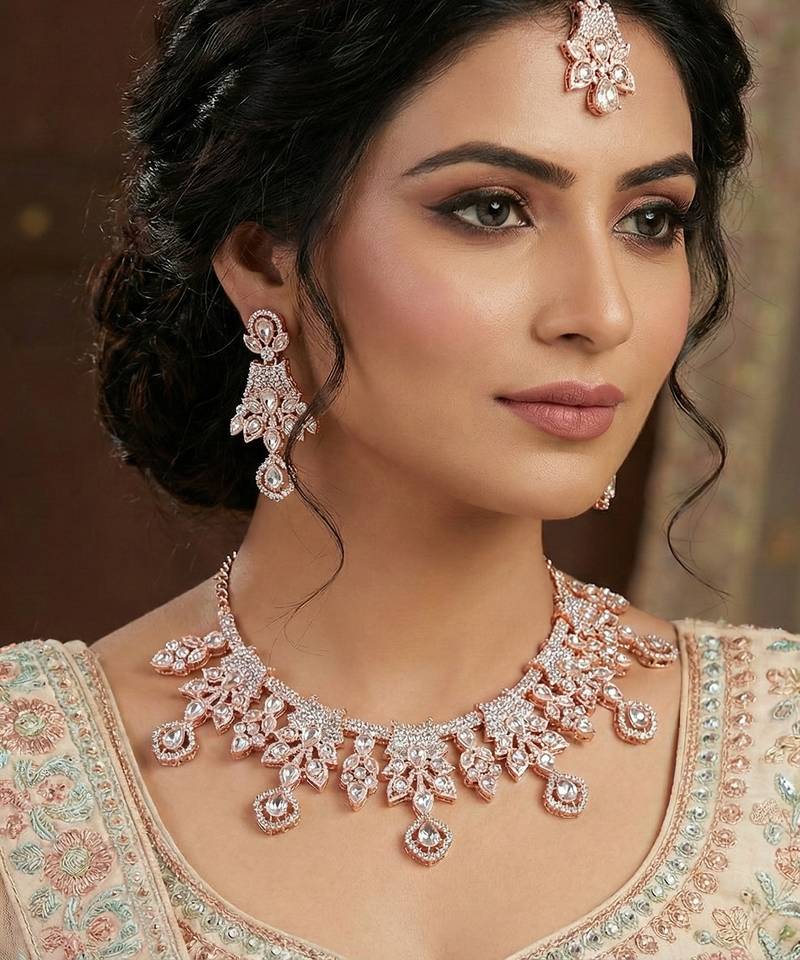 White rose gold premium designer american diamond and stone work necklace set