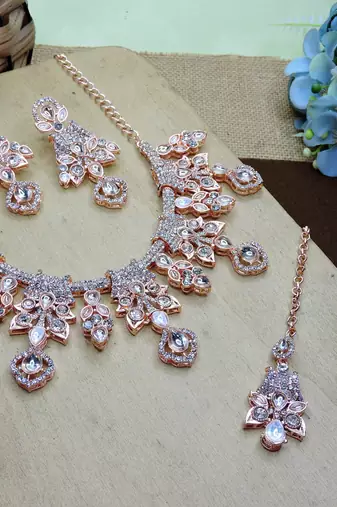 White rose gold premium designer american diamond and stone work necklace set