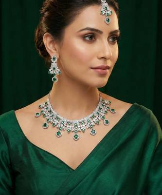 Green rhodium premium designer american diamond and stone work necklace set 1