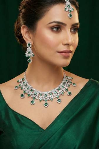 Green rhodium premium designer american diamond and stone work necklace set
