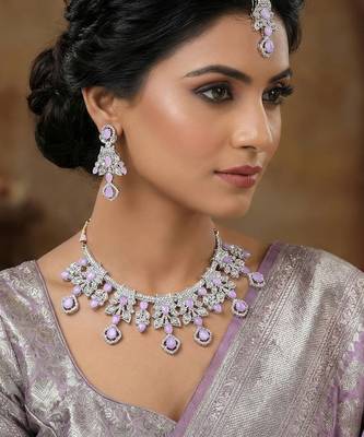 Purple rhodium premium designer american diamond and stone work necklace set 1