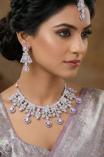 Purple rhodium premium designer american diamond and stone work necklace set