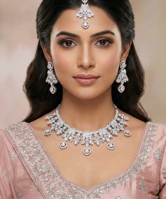 Pink rhodium premium designer american diamond and stone work necklace set 1