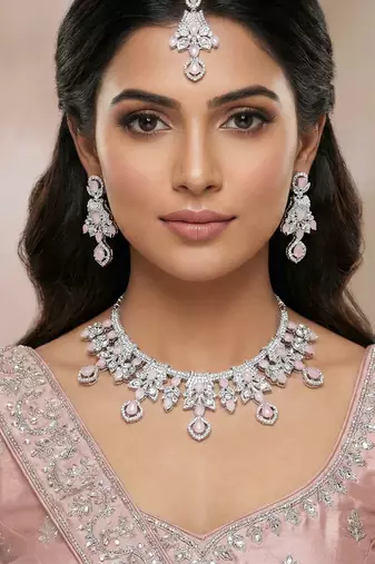 Pink rhodium premium designer american diamond and stone work necklace set