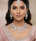 Pink rhodium premium designer american diamond and stone work necklace set