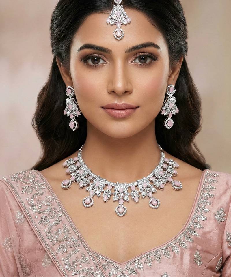 Pink rhodium premium designer american diamond and stone work necklace set