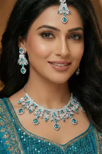 Blue rhodium premium designer american diamond and stone work necklace set