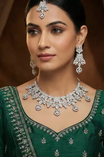 White rhodium premium designer american diamond and stone work necklace set