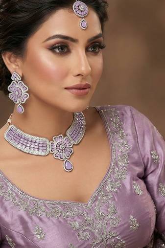Purple rhodium premium designer american diamond and stone work necklace set