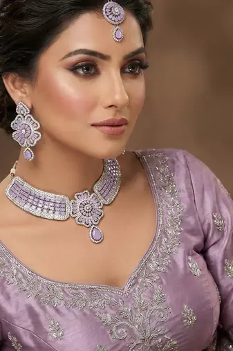 Purple rhodium premium designer american diamond and stone work necklace set