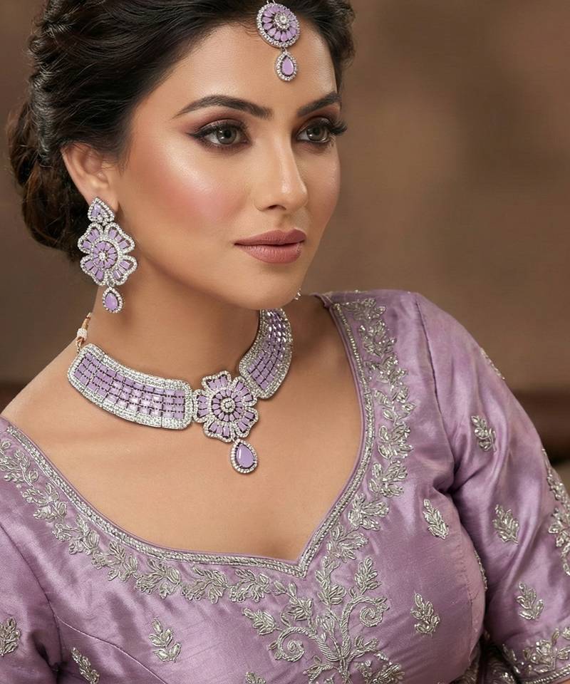Purple rhodium premium designer american diamond and stone work necklace set