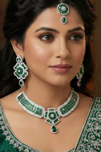 Green rhodium premium designer american diamond and stone work necklace set