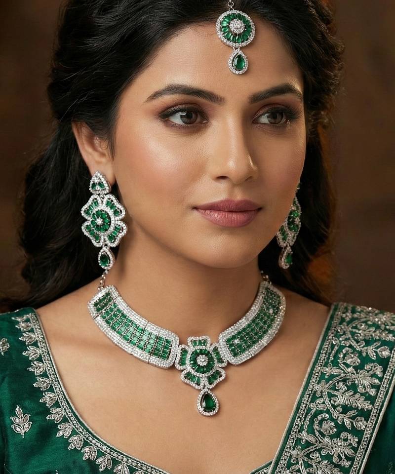 Green rhodium premium designer american diamond and stone work necklace set