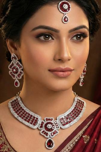 Maroon rhodium premium designer american diamond and stone work necklace set