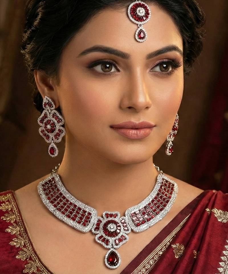 Maroon rhodium premium designer american diamond and stone work necklace set