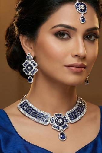 Blue rhodium premium designer american diamond and stone work necklace set
