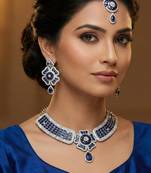 Blue rhodium premium designer american diamond and stone work necklace set