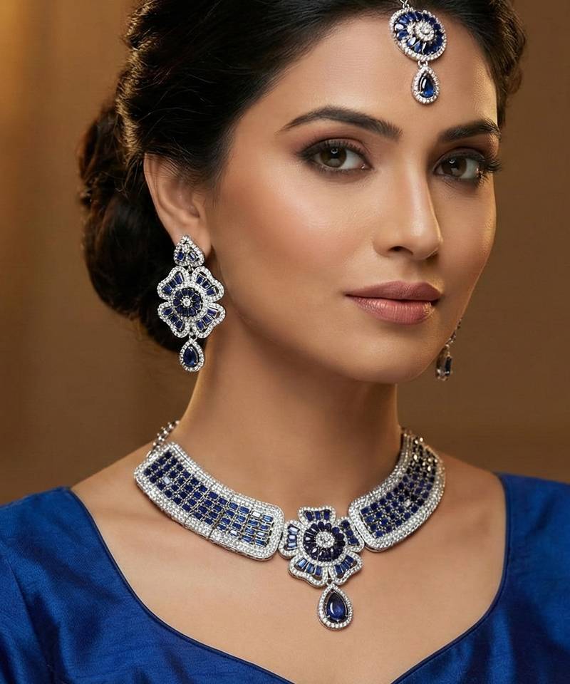 Blue rhodium premium designer american diamond and stone work necklace set