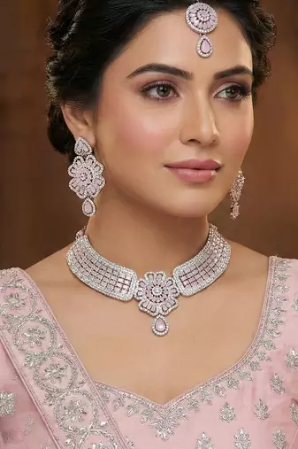 Pink rhodium premium designer american diamond and stone work necklace set
