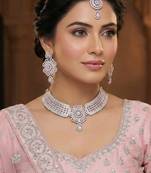 Pink rhodium premium designer american diamond and stone work necklace set