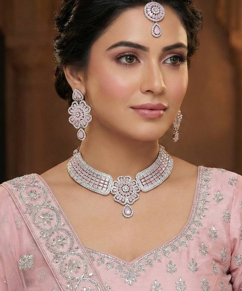 Pink rhodium premium designer american diamond and stone work necklace set