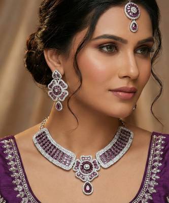 Purple rhodium premium designer american diamond and stone work necklace set 1