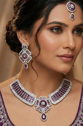 Purple rhodium premium designer american diamond and stone work necklace set