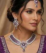 Purple rhodium premium designer american diamond and stone work necklace set