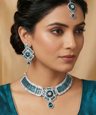 Blue rhodium premium designer american diamond and stone work necklace set 1