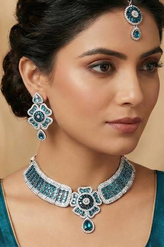 Blue rhodium premium designer american diamond and stone work necklace set