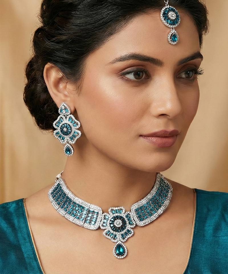Blue rhodium premium designer american diamond and stone work necklace set