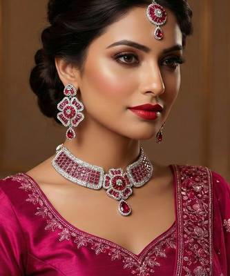 Pink rhodium premium designer american diamond and stone work necklace set 1