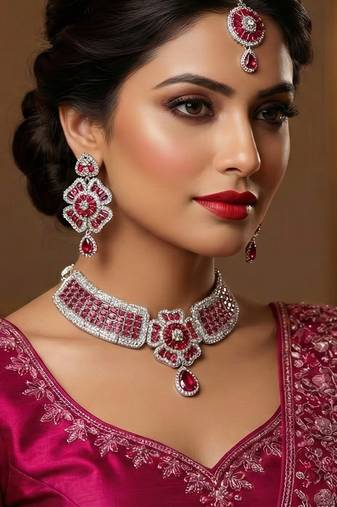 Pink rhodium premium designer american diamond and stone work necklace set