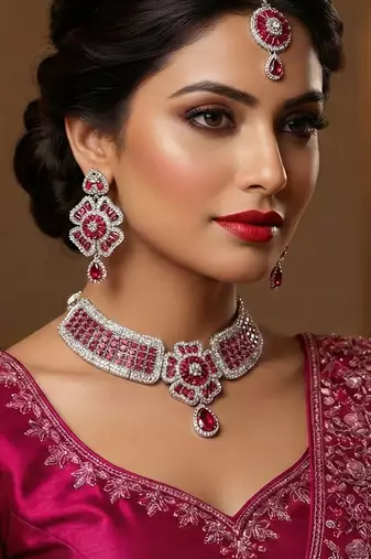 Pink rhodium premium designer american diamond and stone work necklace set