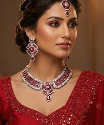 Red rhodium premium designer american diamond and stone work necklace set 1