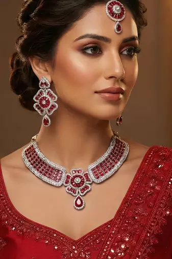 Red rhodium premium designer american diamond and stone work necklace set