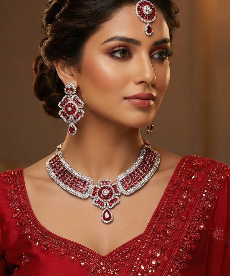 Red rhodium premium designer american diamond and stone work necklace set