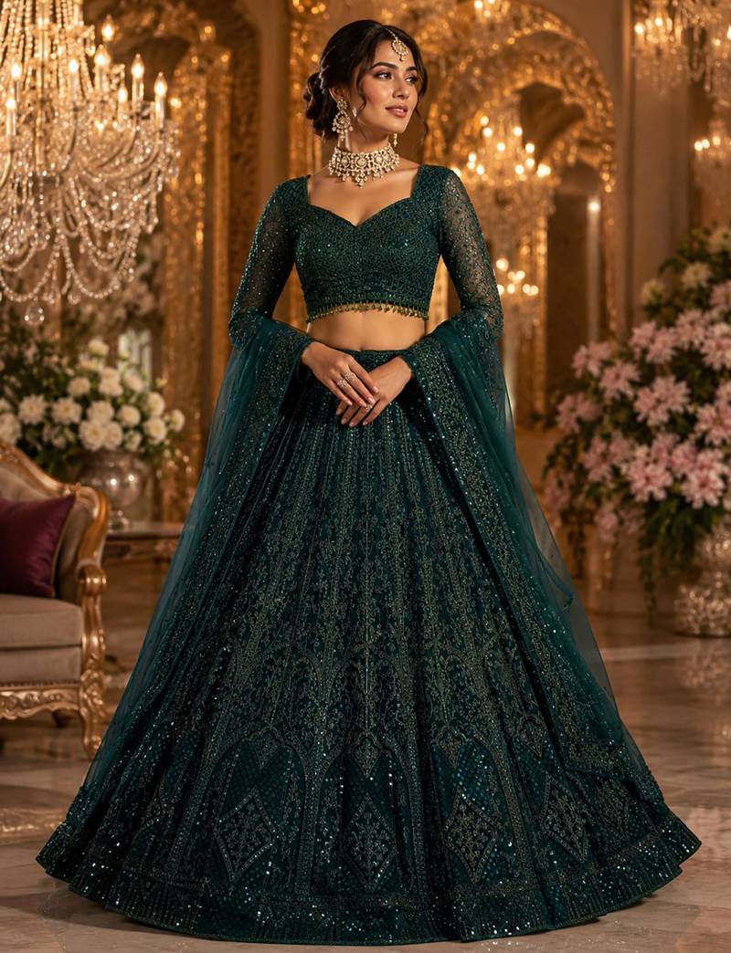 green net embroidered traditional lehenga-choli