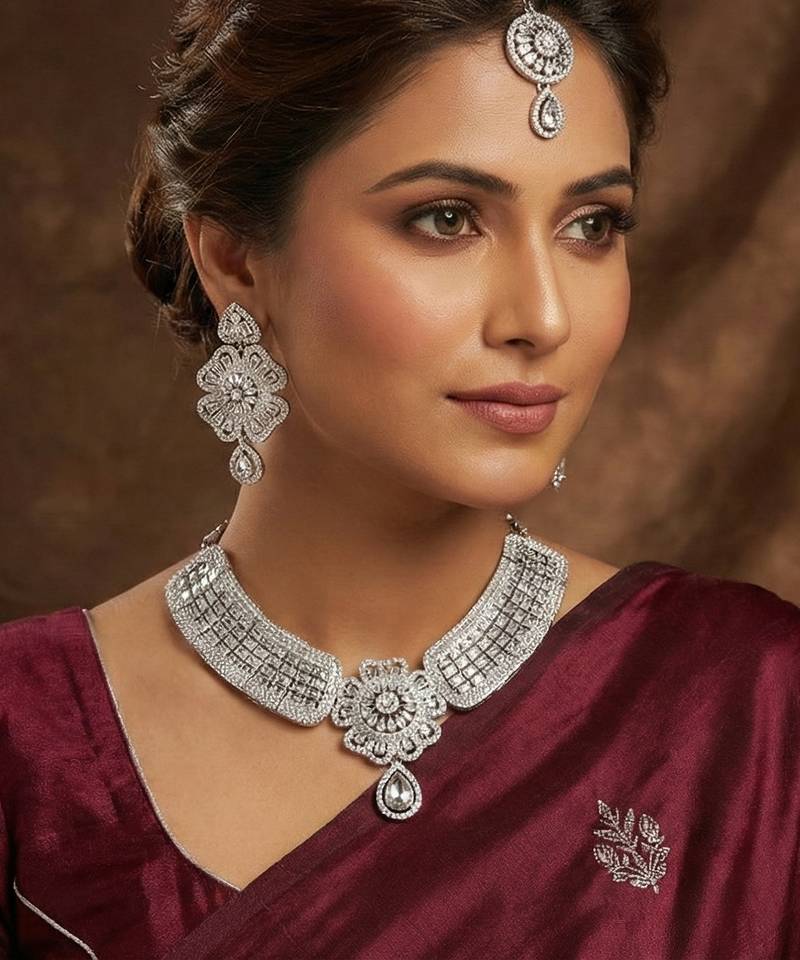 White rhodium premium designer american diamond and stone work necklace set
