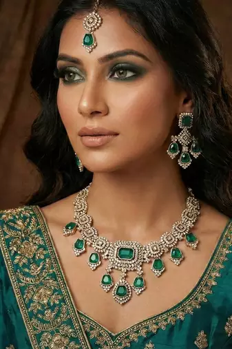 Green yellow gold premium designer american diamond and stone work necklace set