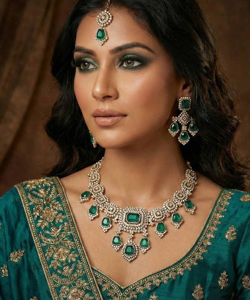Green yellow gold premium designer american diamond and stone work necklace set