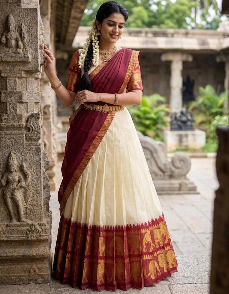 cream silk blend woven traditional lehenga-choli