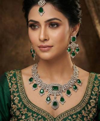 Green yellow gold premium designer american diamond and stone work necklace set 1