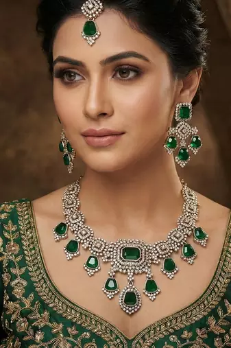 Green yellow gold premium designer american diamond and stone work necklace set