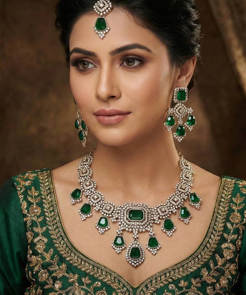 Green yellow gold premium designer american diamond and stone work necklace set