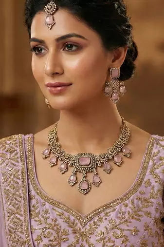 Purple yellow gold premium designer american diamond and stone work necklace set