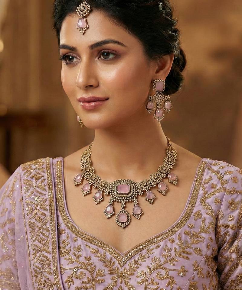 Purple yellow gold premium designer american diamond and stone work necklace set